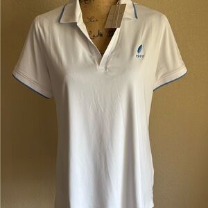 NWT Peter Millar White Short Sleeve Polo with Light Blue Trim